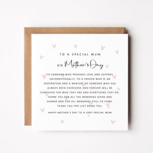 May include: A Mother's Day card with a white background and a brown envelope. The card has pink heart accents and text that reads "To a Special Mum on Mother's Day". The card is a heartfelt message for a mother.