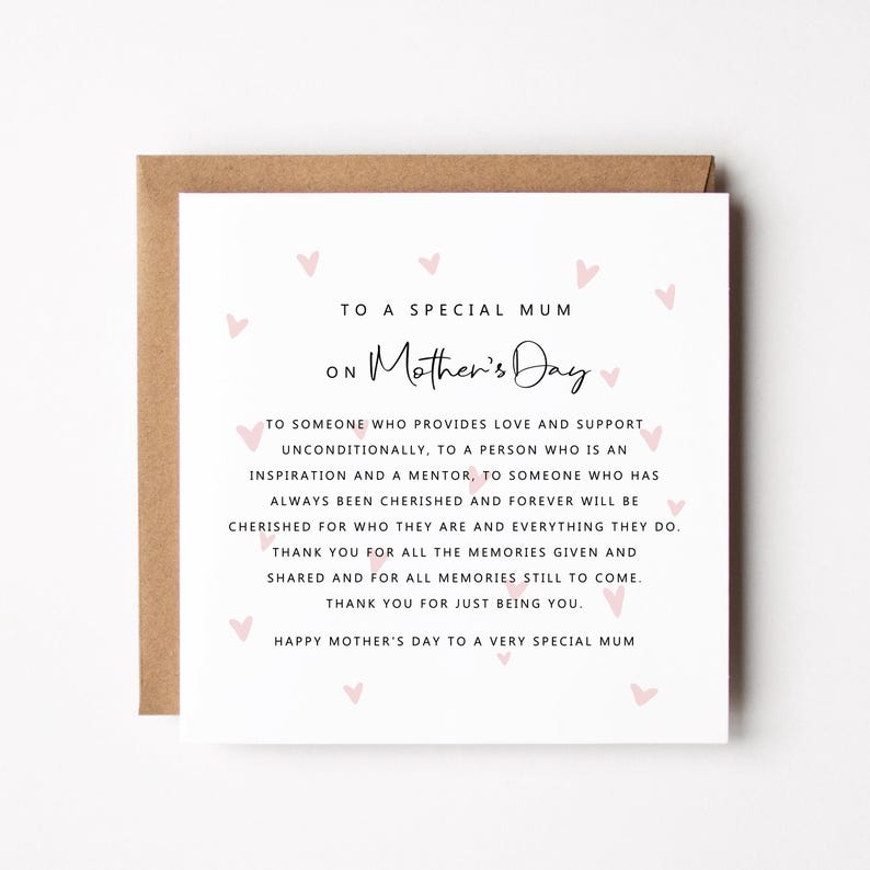 May include: A Mother's Day card with a white background and a brown envelope. The card has pink heart accents and text that reads "To a Special Mum on Mother's Day". The card is a heartfelt message for a mother.