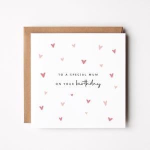 Puede incluir: Una tarjeta blanca con un patr&oacute;n de corazones rosas y el texto "To a special Mum on your birthday".