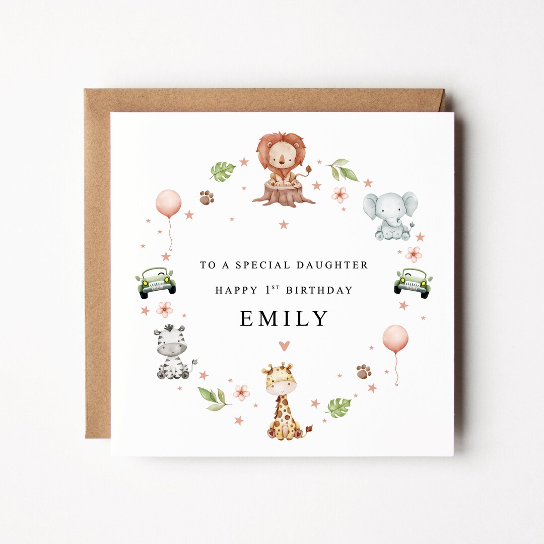 Personalised First Birthday Card For Girl - Daughter, Niece, Granddaughter - Pink Animals