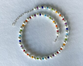 Rainbow Pearl Necklace, Beaded Choker, Y2K Style Jewelry, Seed Bead Necklace