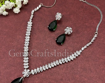Silver Finish CZ Pendent Necklace Set/ American Diamond Necklace Earrings Set / Indian jewelry/AD Bridal Set/Wedding Jewelry/Gift for her