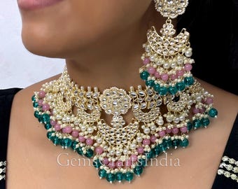 Indian Kundan Necklace Set/Pearl Kundan Polki Choker Set/Indian Wedding Jewellery/Bridal Jewellery Set With Earrings /Gif for her