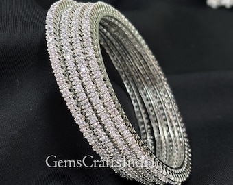 Indian Silver American Diamond Bangles/ White Emerald Diamond Silver Bangle/CZ Diamond Bangles/ Cubic Zirconia Bangles Jewelry Pack of 4 pcs