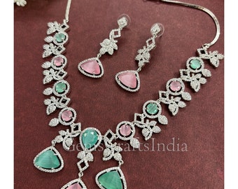 American Diamond Choker Necklace Set Silver Finish CZ Necklace / Indian jewelry/AD Bridal/Choker/Emerald Set/ Wedding Jewelry/Gift for her