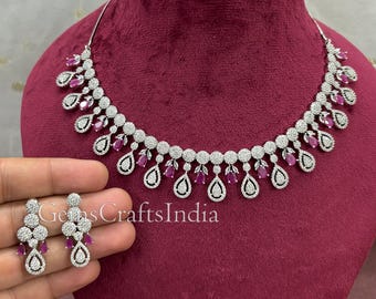 Set di collana con zirconi cubici/Set di collana girocollo con diamanti CZ/Collana importante in argento indiano/Collana da sposa/matrimonio per ragazze, regalo per lei