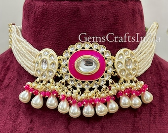 Kundan Halsbandsset/Brudhalsbandssmyckesset/Pärlhalsband/Indiska Smycken/Bröllops-chokerset med örhängen Tikka/Gift för henne