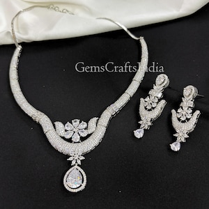 Indian Silver Finish AD Necklace Set/CZ Necklace/ American Diamond Necklace Earrings Set / Statement jewellery/Wedding Jewelry/Gift for her
