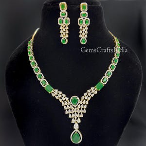 Set di collana girocollo con diamanti CZ/Set di collana con diamanti verdi/Collana con diamanti americani/Smeraldo e pietra CZ/Gioielli da sposa/Regalo per lei