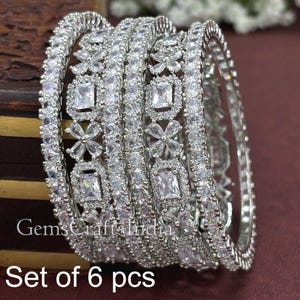 Indian Silver American Diamond Bangles/White Emerald Diamond Silver Bangle/ CZ Diamond Bangles/ Cubic Zirconia Bangles Jewelry Pack of 6 pcs