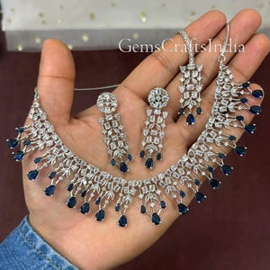 CZ Necklace Set/ American Diamond Necklace Set/ Indian Silver Finish AD Blue Necklace/Statement jewelry/Wedding/Bridal Jewelry/Gift for her