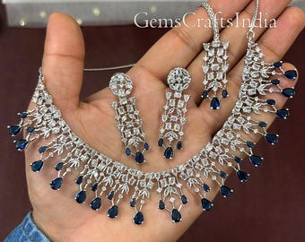 Halsbandsset med CZ-detaljer/ Halsbandsset med amerikanska diamanter/ Halsband med indisk silverfinish, blått AD-halsband/ Statement-smycken/ Bröllops-/Brudsmycken/ Present till henne