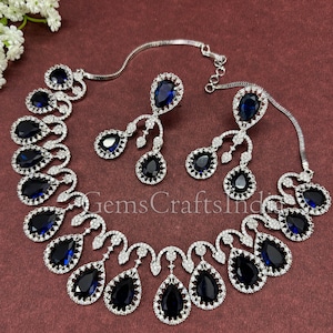Indian Silver Finish AD Necklace Set/CZ Necklace/ American Diamond Necklace Earrings Set / Bollywood jewelry/Wedding Jewelry/Gift for her