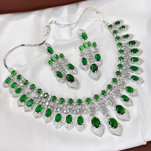 CZ Green Diamond Necklace/ Silver Finish AD Necklace Set/American Diamond Necklace Earrings Set /Indian Bollywood jewelry/Wedding Jewelry