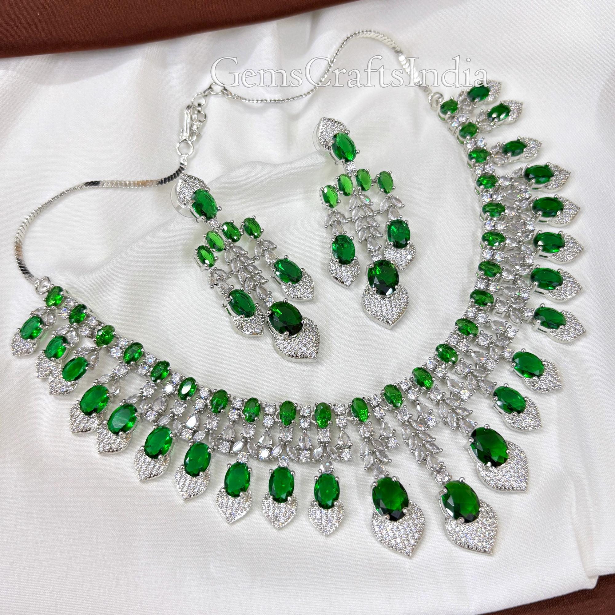 CZ Green Diamond Necklace/ Silver Finish AD Necklace Set/American Diamond Necklace Earrings Set /Indian Bollywood jewelry/Wedding Jewelry