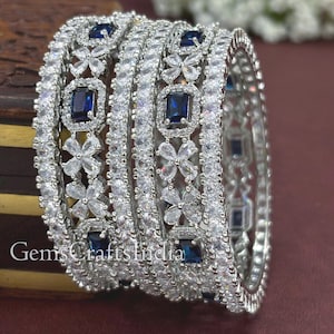 Silver American Diamond Bangles/Blue Emerald Diamond Silver Bangle/Indian Bangles Set/ CZ Diamond Silver Bangles/Bridal Bangle Set of 6 pcs