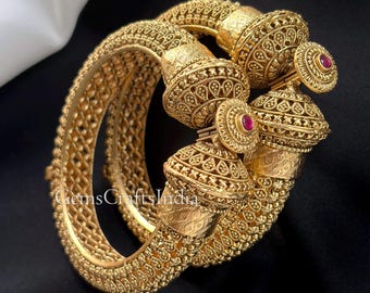 Gold Plated Openable bangles bracelets, Antique Gold Bangle, Polki Bangle, South Indian bangles, Gift for her, Pack of 2 pcs