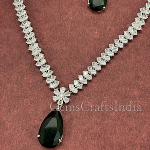 Silver Finish CZ Pendent Necklace Set/ American Diamond Necklace Earrings Set / Indian jewelry/AD Bridal Set/Wedding Jewelry/Gift for her