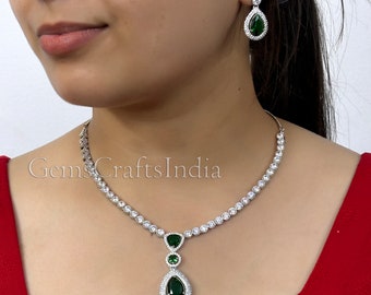 Indian Silver Finish AD Necklace Set/CZ Necklace/ American Diamond Pendent Necklace Set /Wedding/Bridal Jewelry Set for Women/Gift for her