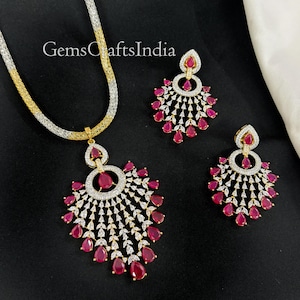CZ Diamond Pendant Necklace, Pendant Necklace Set, Gold Plated Pendant Earrings with Chain, Indian Dual Tone AD Pendant Set, Gift for her