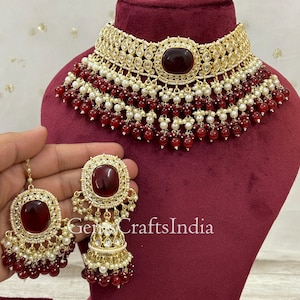 Indische Kundan Halsketten Set/ indischer Hochzeitsschmuck/vergoldeter Brautschmuck mit Ohrringen/Polki Halskette/ Braut Halskette Gif für sie