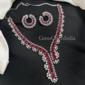 American Diamond Necklace Earrings Set/ Indian Silver Finish AD Necklace Set/CZ Necklace / Statement jewellery/Wedding Necklace/Gift for her