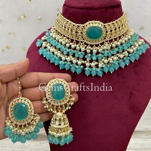 Indische Kundan Halsketten Set/ indischer Hochzeitsschmuck/vergoldeter Brautschmuck mit Ohrringen/Polki Halskette/ Braut Halskette Gif für sie
