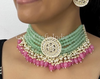 Kundan Necklace Set/Pearl Kundan Choker Set/Indian Jewellery/Bridal Necklace Jewellery Set/ Wedding Jewelry Set With Earrings/ Gif for her
