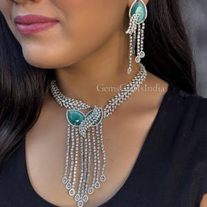 American Diamond Necklace Earrings Set/ Indian Silver Finish AD Necklace Set/CZ Necklace / Statement jewellery/Wedding Jewelry/Gift for her