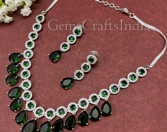 American Diamond Choker Necklace Set/ Silver Finish CZ Choker Necklace Set / Indian jewelry/AD Bridal Set/ Wedding Jewelry/Gift for her