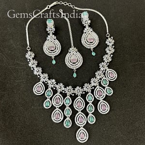 American Diamond Necklace Set/ Indian Silver Finish AD Necklace Set/CZ Necklace /Statement jewellery/Wedding/Bridal Jewelry/Gift for her