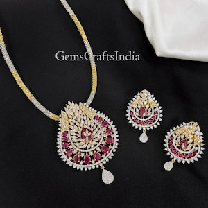 Pendant Necklace Set, Gold Plated Pendant Earrings with Chain, Indian Dual Tone AD Pendant Set, CZ Diamond Pendant Necklace, Gift for her
