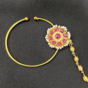 Ruby Nose Ring with Chain /Indian Jewelry /Bridal Nath/ Pearl Drop Nath/ Gold Nath/Gold Plated Bridal Nath/Bridal Jewelry/ Gift for her