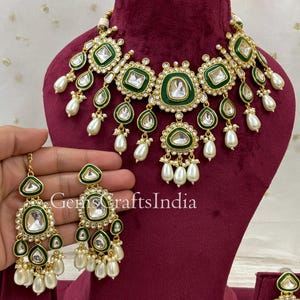 Kundan Necklace Set/Bridal Necklace Jewellery Set/Pearl Kundan Choker Set/Indian Jewellery/Wedding Jewelry With Earrings Tikka/ Gif for her