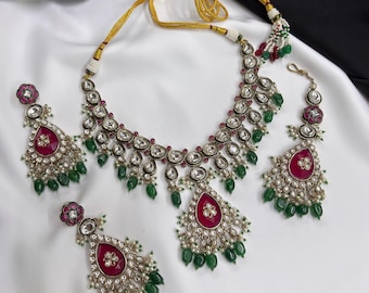 Moissanite Necklace Set/ Kundan Polki Necklace/Indian Ruby Bridal Jewelry Set/Moissanite Kundan Choker Necklace/Wedding jewelry/Gift for her