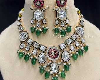 Moissanite Necklace/ Kundan Polki Necklace Set/Moissanite Kundan Choker Necklace/Indian Ruby Bridal Jewelry Set/Wedding jewelry/Gift for her