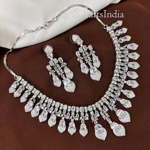 CZ Diamond Necklace/ Silver Finish AD Necklace Set/American Diamond Necklace Earrings Set/Indian Bollywood jewelry/Wedding Jewelry for Women