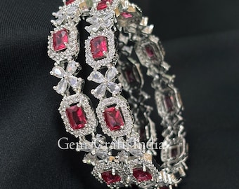 Set of 2 Silver American Diamond Bangle Bracelet/ Ruby CZ Diamond Bangles/ Cubic Zirconia Bangles, Jewelry, Gift for her