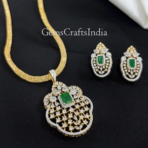 Pendant Necklace Set, Gold Plated Pendant Earrings with Chain, Indian Dual Tone AD Pendant Set, CZ Diamond Pendant Necklace, Gift for her