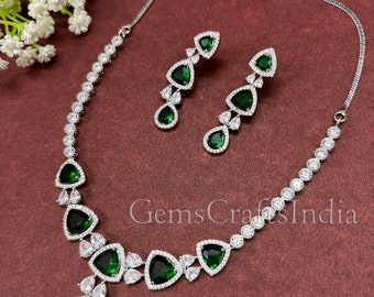 Indian Silver Finish AD Necklace Set/CZ Necklace/ American Diamond Pendent Necklace Set /Wedding/Bridal Jewelry Set for Women/Gift for her