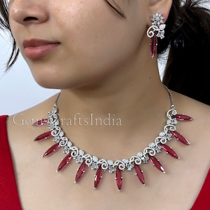 Indian Silver Finish AD Necklace Set/CZ Necklace/ American Diamond Necklace Earrings Set / Indian jewelry/Wedding Jewelry/Gift for her