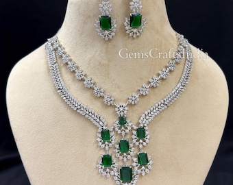 Set collana e orecchini con diamanti CZ/Collana e diamanti americani/Collana da sposa indiana/Collana vistosa/Collana da matrimonio/Regalo per lei