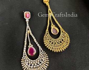 CZ Diamond Earring, American Diamond earrings/Indian Jewelry/Dangle Drop Earrings, Ruby Green Earrings, Wedding Bridal Jewelry, Gift for her