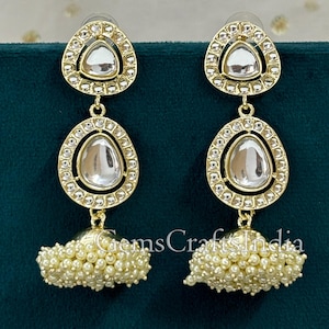 Handmade Pearl Kundan Earrings for Women/ Gold Plated Jhumka Earrings/Pearl Jhumkas/Bollywood Earrings/Indian Jhumki/ /Girls/ Gift for her