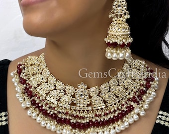 Bridal Kundan Necklace Set/Pearl Kundan Polki Choker Set/Indian Wedding Jewellery/Bollywood Gold Plated Jewellery With Earrings /Gif for her