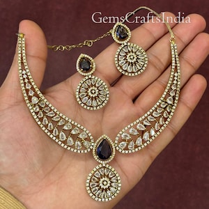 CZ Necklace Set/Antique Gold Finish AD Necklace Set/ Indian Necklace/Victorian Choker Necklace/Bridal jewellery/Wedding Jewelry/Gift for her