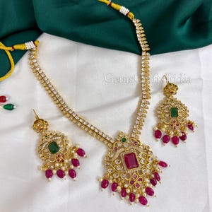 Ruby Bridal Necklace Set/ American Diamond Pendent Necklace/Golden CZ Diamond Necklace/Indian Wedding Pearl Jewelry Set/ Bridesmaid Necklace