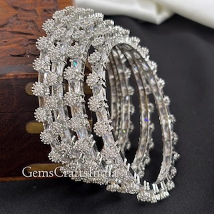 Silver American Diamond Bangle/Bracelet Indian Jewelry/Silver Finish Bridal Bracelet/ Wedding Bangle/ Cubic Zirconia Bangles/Set of 4 pcs