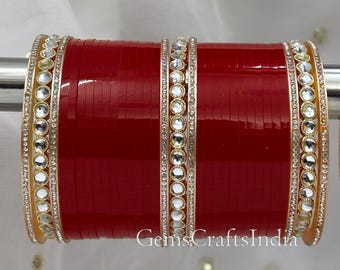Braut Chooda Set / indischer roter Chuda Armreif Set / traditionelle Punjabi Chura / indischer Armreif / Kundan Chura Set / Hochzeitsarmband / Armband Geschenk für sie