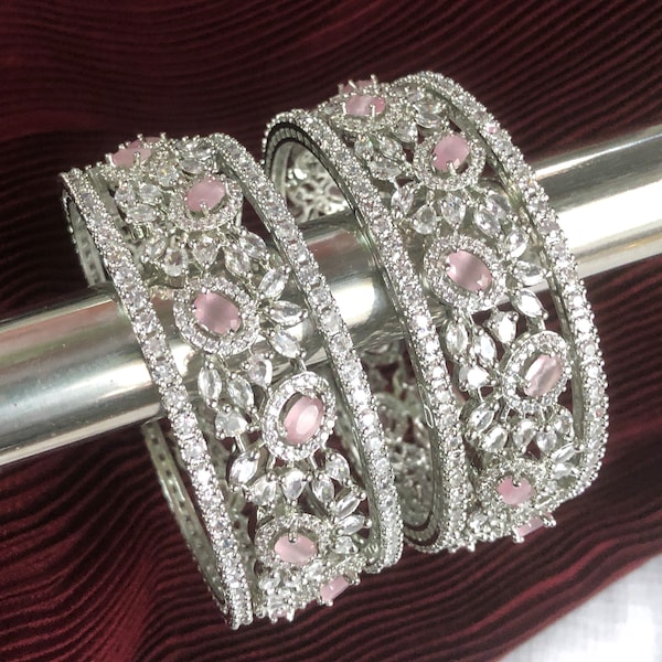 Silver American Diamond Bangle/Bracelet Indian Jewelry/Silver Finish Bridal Bracelet/ Wedding Bangle/ Cubic Zirconia Bangles/Pack of 6 Pcs